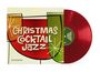Text: "Christmas Cocktail Jazz". Stilvolle, bunte Illustrationen von Getränkegläsern. Rote Vinyl-Schallplatte.