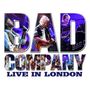 "BAD COMPANY LIVE IN LONDON" in großen Buchstaben, gefüllt mit Konzertfotos der Band auf der Bühne.