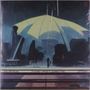 Text: "A HARD RAIN'S GONNA FALL"  
Illustration: Futuristische Stadt bei Regen mit einer großen, schirmartigen Struktur, Menschen im Vordergrund.