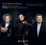 „Les couleurs de l'amour“, „Waldstein Trio“, „Debussy“, „Schumann“. Drei Musiker, lächelnd, eine spielt Cello. Quinton-Logo.