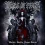 „Cradle of Filth“ und „Darkly, Darkly, Venus Aversa“. Gothic-Illustration mit Frau in rotem Kleid, Statuen im Hintergrund.