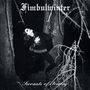 "Fimbulwinter" oben, "Servants of Sorcery" unten. Eine Person mit Corpsepaint in einem dunklen Wald.