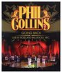 "PHIL COLLINS, GOING BACK, LIVE AT ROSELAND BALLROOM, NYC." Bunt beleuchtete Bühne mit Musikern vor rotem Vorhang.
