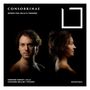 "CONSOBRINAE", "WORKS FOR CELLO & THEORBO", Hermine Horiot und Giovanni Bellini, zwei Porträts; dunkler Hintergrund.