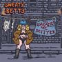 Texte: "SWEATY BETTY", "THE SWEATIER THE BETTYER". Illustration: Person in Mantel, Wäscheleine mit BH und Schild.