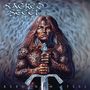 "SACRED STEEL" oben, "REBORN IN STEEL" unten. Ein Krieger mit langem Haar hält ein Schwert vor einer mystischen Kulisse.