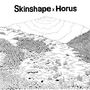 "Skinshape x Horus". Eine detailreiche Schwarz-Weiß-Illustration zeigt eine Landschaft mit Hügeln, Wäldern und Sträuchern.