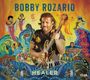 "Bobby Rozario" und "Healer" als Texte. Eine bunte, lebhafte Illustration mit einem Gitarrenspieler und mehreren Figuren.