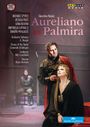 "Aureliano in Palmira" Gioachino Rossini. Namen von Sängern und Mitarbeitern links. Szenenbild mit zwei Figuren in histor. Kostümen.