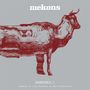 "mekons", "HORRORBLE", "(mekons vs Tony Maimone In Dub Conference)" in Weiß auf Grau. Illustration: Halb Abstrakte rote Kuh.