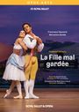 "Frederick Ashton's La Fille mal gardée" mit Tänzern in Ballettposen, gelber Hintergrund oben.