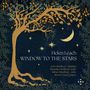 „Helen Leach: Window to the Stars“. Braun-blauer Baum vor Sternenhimmel, mit Mondsichel und Sternen.
