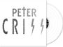Text: "PETER CRISS". Stil: Bröckelige, graue Buchstaben mit Blitzsymbolen. Sichtbar ist eine weiße Schallplatte.