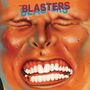 Text "The Blasters" in kontrastierenden Farben. Illustration eines schmerzverzerrten Gesichts mit geschlossenen Augen.