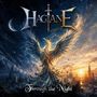 "HAIGANE" oben, "Through the Night" unten. Ein phönixartiger Vogel fliegt vor einem dramatischen Sonnenuntergang.