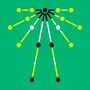 Grüne Hintergrundfarbe mit abstrakter Illustration aus schwarzen, weißen und gelben Linien und Kreisen, die strahlenförmig angeordnet sind.