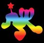 Bunte Illustration eines stilisierten Tieres mit Regenbogenverlauf und einem Stern auf dem Kopf vor schwarzem Hintergrund.