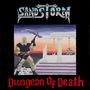 "SANDSTORM" und "Dungeon Of Death" in dramatischer Schrift. Illustration: Krieger mit Axt vor antiken Säulen und Schädeln.