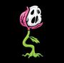 Keine Texte vorhanden. Eine Illustration einer Blume mit einem Totenkopf als Blüte auf schwarzem Hintergrund.
