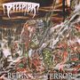Text: "REECEPTR," "REIGN OF TERROR." Illustration von bedrohlichen Kreaturen in apokalyptischer Landschaft.