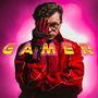 Text: "GAMER". Eine Person in roter Kleidung mit Handschuh und intensivem Hintergrund.