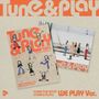 "TU1DE THE 1ST EP [TUNE & PLAY] WE PLAY Ver." zeigt Zeichnungen fröhlicher Figuren und ein Foto von fünf Frauen in einem urbanen Umfeld.