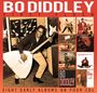 BO DIDDLEY FIRST FLUSH. Acht Alben auf vier CDs. Ein Musiker spielt eine große Gitarre, daneben Albumcover.