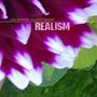 Text: "JOE MORRIS ELLIOTT SHARP REALISM". Unscharfe Nahaufnahme einer Blume in Rot- und Weißtönen mit grünen Blättern.
