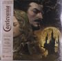 "Castlevania" in gotischer Schrift. Zwei Personen mit ernsten Gesichtern, Vollmond und düstere Burg mit Fledermäusen im Hintergrund.