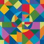 Eine Illustration aus bunten, geometrischen Formen in leuchtenden Farben wie Blau, Rot, Gelb und Grün, teils ineinander verschachtelt.