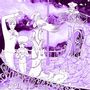 "Starlanguage": Drei Personen in Vintage-Kleidung auf einem Schiff mit wellenförmigem Holzdeck, violette Illustrator-Töne.