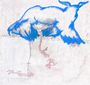 Keine sichtbaren Texte. Ein blaues Tier, schemenhaft gemalt, steht auf einem dünnen Zweig, darunter abstrakte Formen.