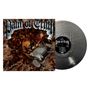 „Pain of Truth“ in gotischer Schrift. Illustration eines Autos inmitten von Chaos, Ketten und brennenden Elementen. Vinyl daneben.