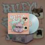 Text: "RILEY". Illustration mit Katze, Plattenspieler und Kratzbaum. Platte in hellblauer Farbe.