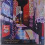 "Kari Kirkland, Especially at Night." Eine bunte Illustration einer Stadtlandschaft bei Nacht mit hellen Lichtern und Reklametafeln.
