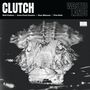 "CLUTCH", "WASTED LANDS", Namen der Bandmitglieder. Eine Krokodil-Illustration im Wasser, krisselige Schwarz-Weiß-Optik.
