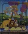 "The Wonderful Wizard of Oz" in verspielter Schrift, Szene mit Dorothy, Löwe, Vogelscheuche und Zinnmann auf einem Floß.