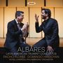 "ALBARES LATIN AMERICAN TRUMPET CONCERTOS PACHO FLORES · DOMINGO HINDOYAN ROYAL LIVERPOOL PHILHARMONIC ORCHESTRA." Zwei Männer im Anzug interagieren freundlich, einer hält eine Trompete.