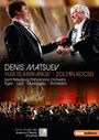 Zwei lächelnde Männer im Frack schütteln sich die Hand vor einem Orchester. Texte: "Denis Matsuev, Yuri Temirkanov, Zoltán Kocsis".