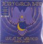 "Jerry Garcia Band", "5-LP Set", "Live at the Warfield", "March 2nd 1991". Eine lilafarbene Taube mit gelbem Mond und Stern.