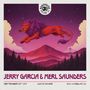 Text: "GarciaLive Volume 21", "Jerry Garcia & Merl Saunders", "September 25th, 1971", "Lion's Share", "San Anselmo, CA". Ein roter Löwe mit rosa Mähne springt vor einem farbenfrohen Himmel und Bergen.