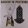 Text: "ANGINE DE POITRINE". Zwei gepunktete, abstrakte Masken, eine weiß mit gelbem Dreieck, die andere schwarz mit Augen.