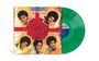 "JACKSON 5 CHRISTMAS ALBUM" in blauer und weißer Schrift. Vier junge afroamerikanische Jungen mit roter Schleife. Grüne Vinyl-Schallplatte.