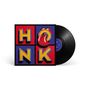 Text "HONK" in großen Buchstaben. Lips and tongue logo. Vinyl-Schallplatte auf der rechten Seite sichtbar.