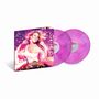 Der Text lautet "glitter" und "Mariah". Zwei lila Schallplatten und ein Albumcover mit einer lächelnden Frau.
