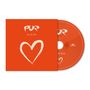 Text: "PUR" und "BLEIB MIR". Ein herzförmiges Design auf rotem Hintergrund mit einer CD daneben.
