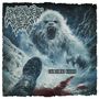 „Snowbound Horror“. Großer, bedrohlicher Yeti in verschneiter Umgebung, ein blutiger Pfad und ein Stiefel im Vordergrund.