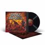 "SPACE CHASER" und "RAZORBLADE BAY". Vinyl-Platten-Cover, Roboterfigur, orange-rote Landschaft mit spitzen Felsen.