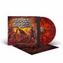 „Space Chaser“ und „Razorblade Bay“. Illustration: Roboter auf feuriger, außerirdischer Landschaft. Vinyl in Rot-Orange.
