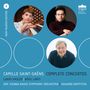 "Camille Saint-Saëns Complete Concertos" mit Lukas Hasler, Ariel Lanyi, ORF Vienna Radio Symphony Orchestra, Howard Griffiths. Drei Porträtfotos von Männern, die lächeln oder ernst blicken. Oben links, rechts und unten zentriert.